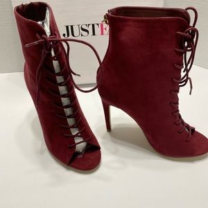 Brand New Just Fab Ruthi Burgundy Booties w/ laces, Size 6.5